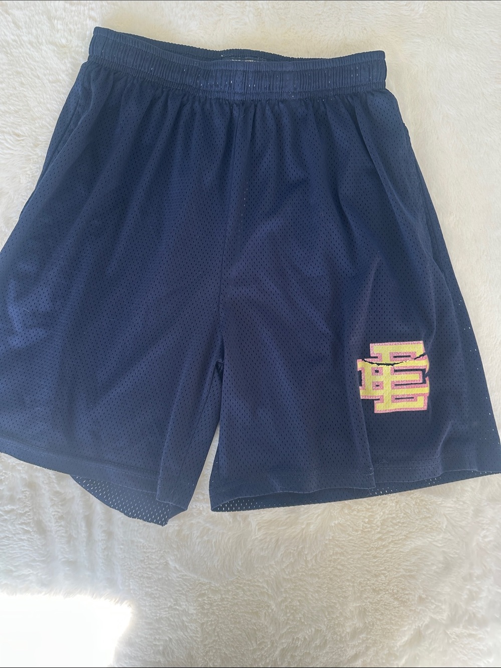 Eric Emanuel Navy Athletic Mesh Shorts with Embroidered Patch